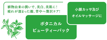 植物由来の潤いで、美白、美肌に!疲れが溜まった顔、背中へ贅沢ケア! 小顔カッサ及びオイルマッサージにボタニカルビューティーパック